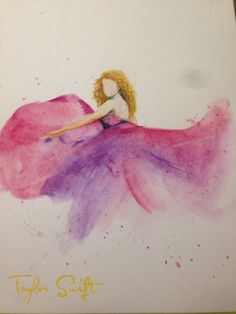 a watercolor painting of a woman in a pink and purple dress with her hair blowing in the wind