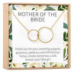 GET 50% OFF NOW! No code needed. Weddings are a big deal for Mothers, especially their daughter's wedding. Give her the perfect gift for her daughter's wedding with these interlocking circles representing her bond with her family-in-laws.JEWELRY DETAILS MATERIAL: Gold Plated / Silver Plated / Rose Gold Plated PENDANT SIZE: 2 circles: 21 and 16 mm CHAIN LENGTH: 18” chain + 2” chain extender CLASP STYLE: Lobster Claw Clasp CRAFTED WITH LOVE I N C L U D E S Gold foil stamped jewelry box Blank card Bride Quotes, Dear Ava, Bride Necklace, Jewelry Details, No Code, Forever Yours, Chain Extenders, Blank Card, Stamped Jewelry