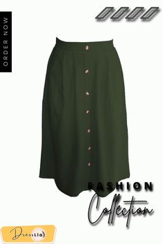 A-lined Buttons Knee Length Midi Skirt with Pockets Green A-line Workwear Skirt, Green A-line Maxi Skirt For Summer, Summer A-line Skirt With Button Closure, Casual Green Maxi Skirt For Work, Green A-line Pleated Skirt, Green Lined Maxi Skirt For Work, Spring Green Maxi Skirt For Work, Green Maxi Skirt For Spring Workwear, Green A-line Skirt For Work