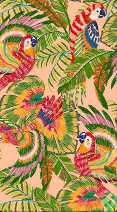 colorful parrots and palm leaves on a pink background with red, yellow, green, blue, and orange colors