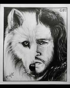 a drawing of a man with long hair and a wolf's face in front of him