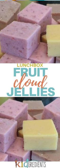 two different types of soaps with the words lunchbox fruit cloud jellies