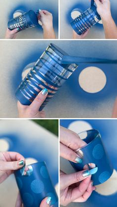 step by step instructions on how to make a blue polka dot vase with plastic cups