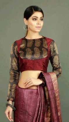 Plunge Blouse, Kalamkari Blouse, Cotton Saree Blouse Designs, Blouses Designs, Desi Outfits