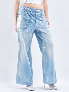 This is a trendy and comfortable pants by 2000 Archives that is made out of high quality and sturdy material. With distinctive mood of the design and comfortable wear, you can style it for your casual daily outfit.- Denim washing and metallic processing- Elastic waistband with drawstring- Adjustable string on the hem Metallic Straight Leg Pants With Five Pockets, Metallic Straight Leg Jeans With Five Pockets, Metallic Bottoms With Pockets For Fall, Casual Metallic Bottoms With Pockets, Trendy Metallic Wide Leg Jeans, Trendy Metallic Wide-leg Jeans, Metallic Wide Leg Bottoms With Pockets, Spring Metallic Straight Leg Jeans, Metallic Straight Leg Bottoms For Fall