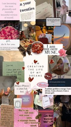 a collage of images with words and pictures on them, including flowers, hearts, letters