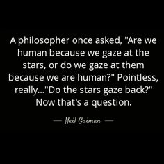 a quote from neil gaiman on the subject of this image,'a photographer once asked,'are we human because we gaze at the stars, or do we