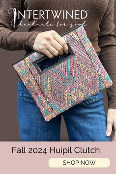 Brown-Rose-Teal Huipil Clutch - Handwoven Vintage Textile with Chocolate Leather Accents Pop Of Color, Fall Outfit