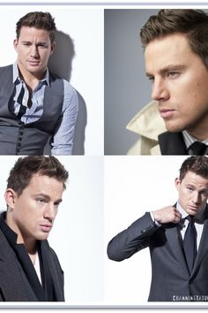 four different pictures of a man wearing a suit and tie