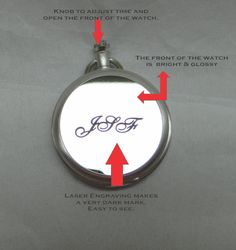 "These pocket watches take you back to the old charm for Groomsman gifts. The pewter finished hinged pocket watch on a 12\" chain can be engraved on the inside AND outside of the lid. We engrave the watch using laser engraving. Using a special technique, the engraving comes out in a dark color which is easily visible on the watch. Each of the watches come in a gift box. This listing is for the watch only. It does not include the wood piece it is photographed on. If you have any questions regardi Personalized Golf Gifts, Dark Mark, Ball Markers, How To Make Notes, Personalized Products, Groomsman Gifts, Flask, Laser Engraving, Christmas Bulbs