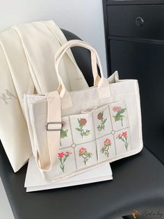 Bird in Bag - Exquisite Floral Embroidery Tote Bag with Ample Storage Space, Elegant & Stylish Shoulder Bag Featuring Multiple Compartments, Perfect for On-the-Go Crossbody Accessibility Travel Embroidered Beige Shoulder Bag, Embroidered Beige Shoulder Bag For Travel, Embroidered Beige Satchel For Everyday Use, Beige Square Bag With Pockets, Floral Embroidered Tote Shoulder Bag For Daily Use, Embroidered Beige Tote Bag, Embroidered Beige Tote Shoulder Bag, Beige Embroidered Tote Bag, Square Embroidered Everyday Bag