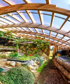 the inside of a wooden structure with plants growing on it and an open roof area