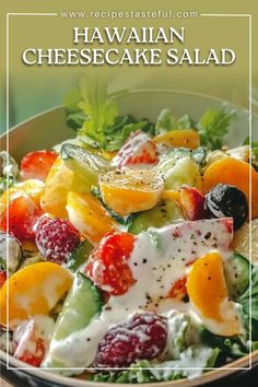 This Hawaiian Cheesecake Salad combines tropical fruits with a creamy cheesecake-inspired dressing. It's a light and refreshing dessert that's perfect for potlucks, summer gatherings, or a sweet treat at home. This salad is easy to prepare, deliciously creamy, and beautifully colorful with fresh fruits like strawberries, pineapple, and kiwi. Hawaiian Cheesecake Salad Recipe, Cheesecake Salad Recipe, Salads Green, Hawaiian Cheesecake, Hawaiian Salad, Cheesecake Salad, Hawaiian Recipes, Salads Recipes