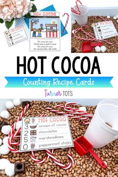 hot cocoa recipe cards with candy canes and marshmallows on the ground