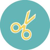 a pair of yellow scissors sitting on top of a blue circle