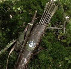 an arrow laying on the ground in some grass with leaves around it and arrows sticking out of its back