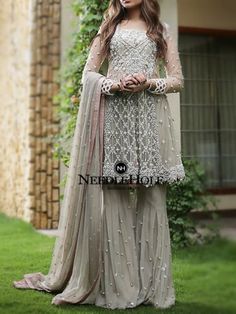 Deepak perwani box pleated engagement sharara suit for bride in tan beige color | Shop at St. Louis Missouri best wedding anarkali dress stores near me WD9001059 Engagement Sharara, Suit For Bride, Wedding Anarkali Dress, Wedding Anarkali