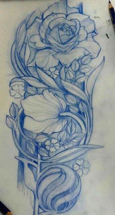 a pencil drawing of flowers and leaves on paper