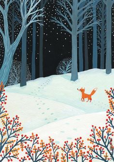 a painting of a fox in the woods at night with trees and berries around it