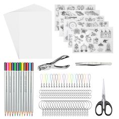 the supplies needed to make an arts and crafts project include scissors, pens, markers, pencils, cards, etc