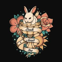 an image of a rabbit in a basket with roses and ribbon around it on a black background