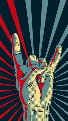 a hand holding up the peace sign with red and blue rays behind it on a black background