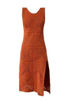 an orange knitted dress with holes on the front and side, sitting on a white background