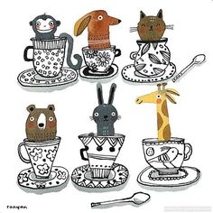 an image of animals in cups and saucers with spoons on the side by itself