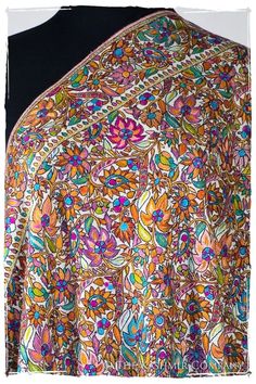 (1) Fleur Tropicale Tahiti - Grand Pashmina Shawl — Seasons by The Kashmir Company Embroidered Multicolor Pashmina Shawl For Festivals, Multicolor Pashmina Shawl For Diwali, Traditional White Summer Shawl, Traditional White Shawl For Summer, Multicolor Pashmina Shawl With Motifs For Festivals, White Pashmina Shawl For Festivals, Bohemian Multicolor Pashmina Shawl For Diwali, Traditional Multicolor Pashmina Shawl For Diwali, Hand Dyed Shawl