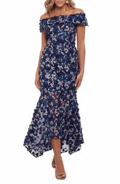 Xscape Evenings Ruffle Off the Shoulder Scuba Crepe Cocktail Dress | Nordstrom Midi Gowns, Evening Dress Collection, Flounced Dress, Mermaid Gown, Review Dresses, Groom Dress, Evening Dresses Long, Dillard's, Mother Of The Bride Dresses