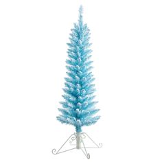 a small blue christmas tree on a stand