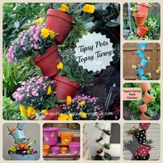 many different pots with flowers in them and the words tipsy pots toppy turvy