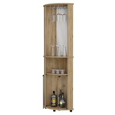 a tall wooden cabinet with wine glasses and bottles on it's shelf, against a white background