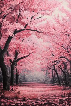 a painting of trees with pink flowers on them