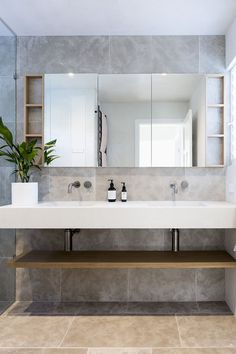 a bathroom with two sinks and a mirror on the wall next to a plant in a vase