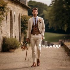 a man in a suit and tie walking down a road