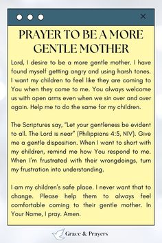 a prayer card with the words prayer to be a more gentle mother