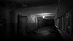 an empty hallway with the light on and vines hanging from the ceiling in black and white