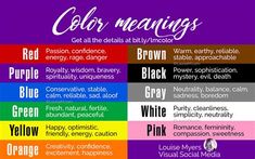 the color meanings chart for different colors and text types on purple, red, orange, yellow