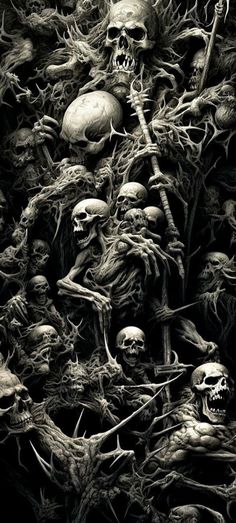 a bunch of creepy looking skulls and skeletons