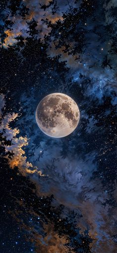 the full moon is shining brightly in the night sky with clouds and stars all around it