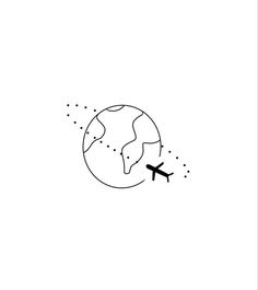 an airplane flying around the earth with dotted lines on it's side, in black and white