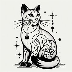 a black and white drawing of a cat with an intricate design on it's chest