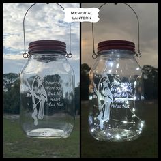 two mason jars with fairy lights in them, one is empty and the other has an image on it