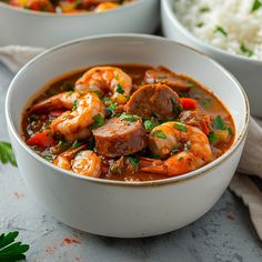 two bowls filled with shrimp and rice on top of a table