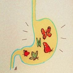 a drawing of a stomach with butterflies on it's side and an arrow pointing to the right