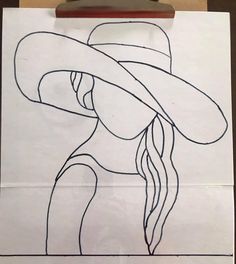 a drawing of a woman in a hat on a piece of paper with a clipboard attached to it