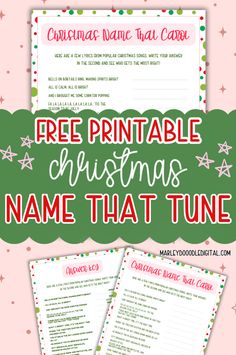 the free printable christmas name that tune is on top of a pink and green background