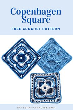 three square crochet patterns with the text,'free pattern'in blue and white