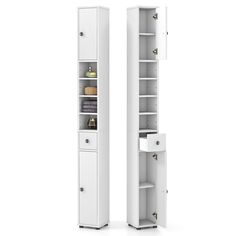 two tall white storage cabinets next to each other